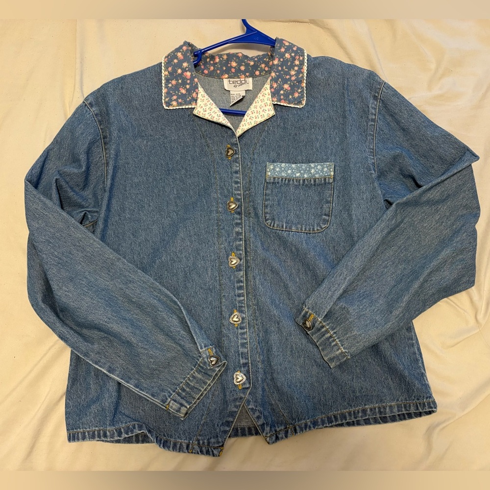 Denim Button-Up Shirt with Floral Collar